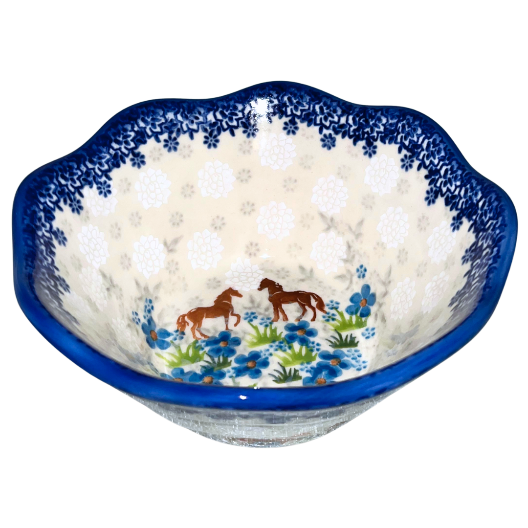 KALICH Polish Pottery 7 inch Wavy Edge Viki Bowl 1311 Blue Meadow Horses