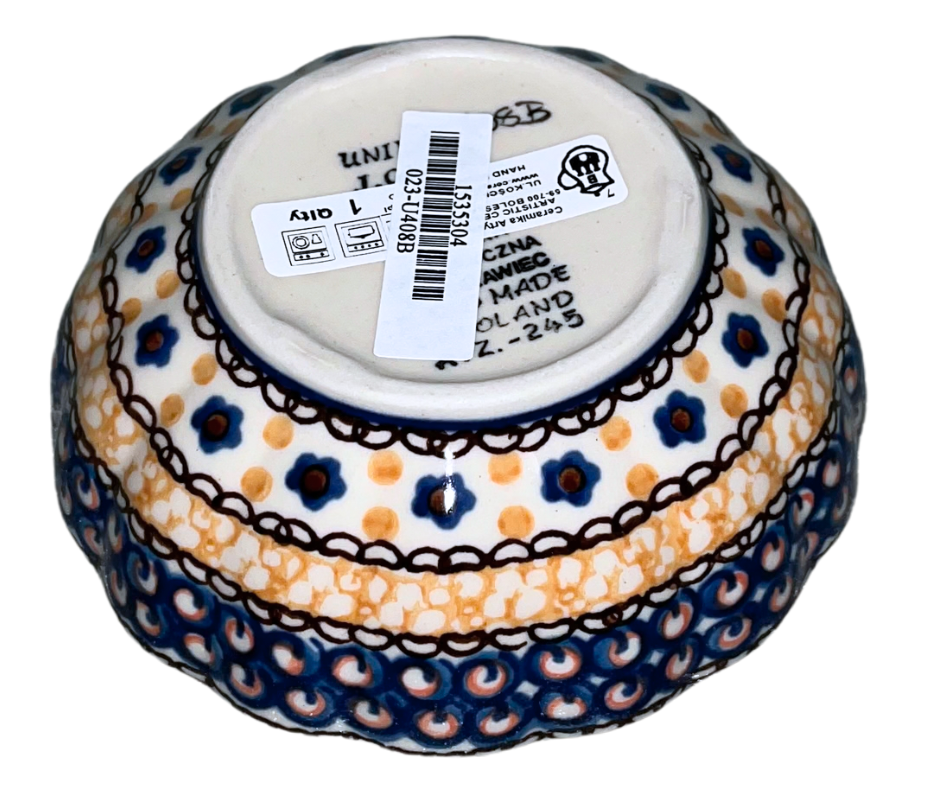 Hand-painted Ceramika Artystyczna Unikat 5" scalloped edge bowl in U408B Marigold Dreams by Jacek Chyła. Authentic Polish pottery from Bolesławiec, oven and dishwasher safe.