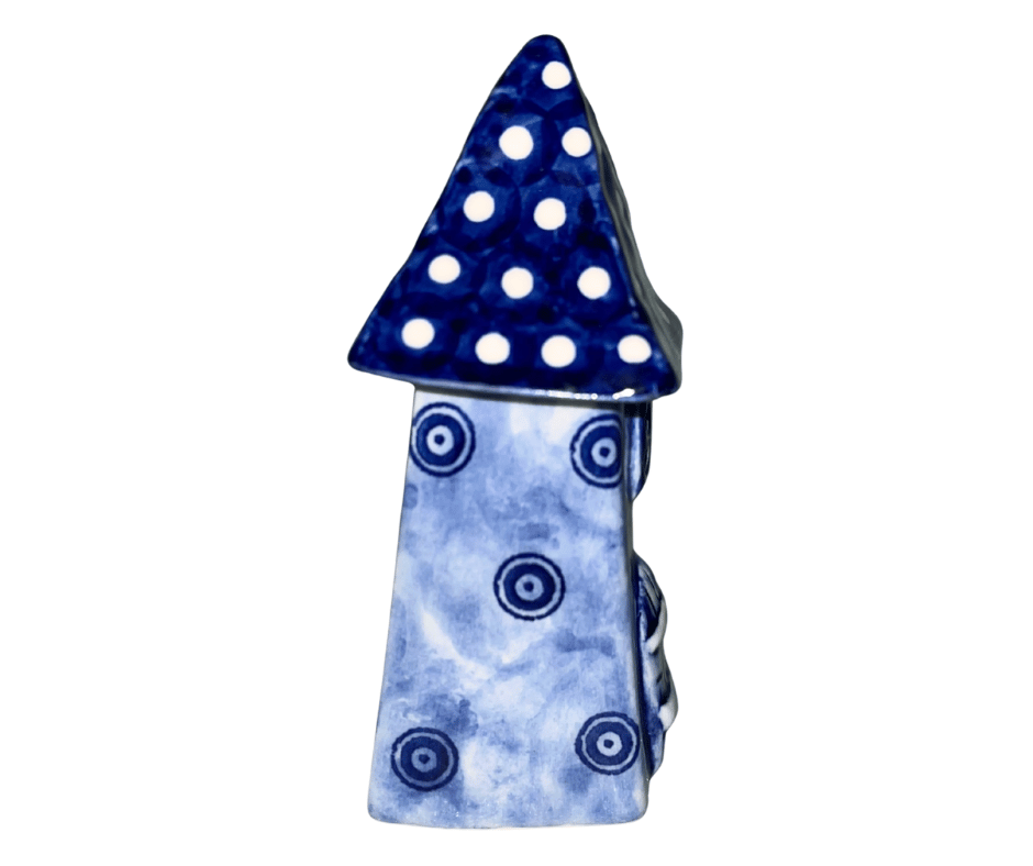 Handmade Polish pottery blue house by Kaola Studio. Whimsical folk art décor with a polka-dot roof, crafted in Poland. A charming accent for shelves or gifts.