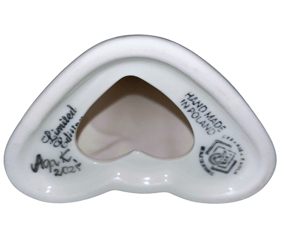 9.75" hand-painted Kaola angel in cobalt poppies, signed and dated 2025 by Aga K. Handmade in Bolesławiec, Poland.