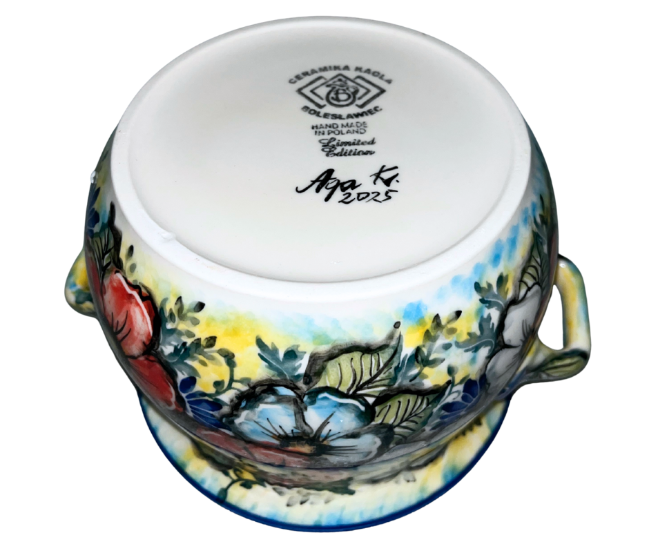 Limited Edition 2025 Kaola Polish Pottery container jar, hand-painted and signed by Aga K. Features vibrant red, white, and blue floral design. Handmade in Poland.