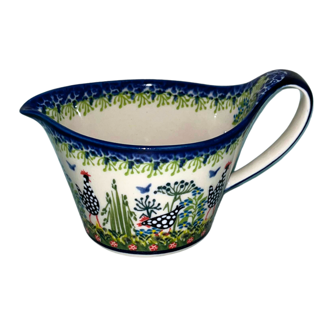 Ceramika Kalich Pattern 950 Polka Chicken Polish pottery with hand-painted hens and floral garden design. Authentic Bolesławiec stoneware, durable, dishwasher, microwave, and oven safe.