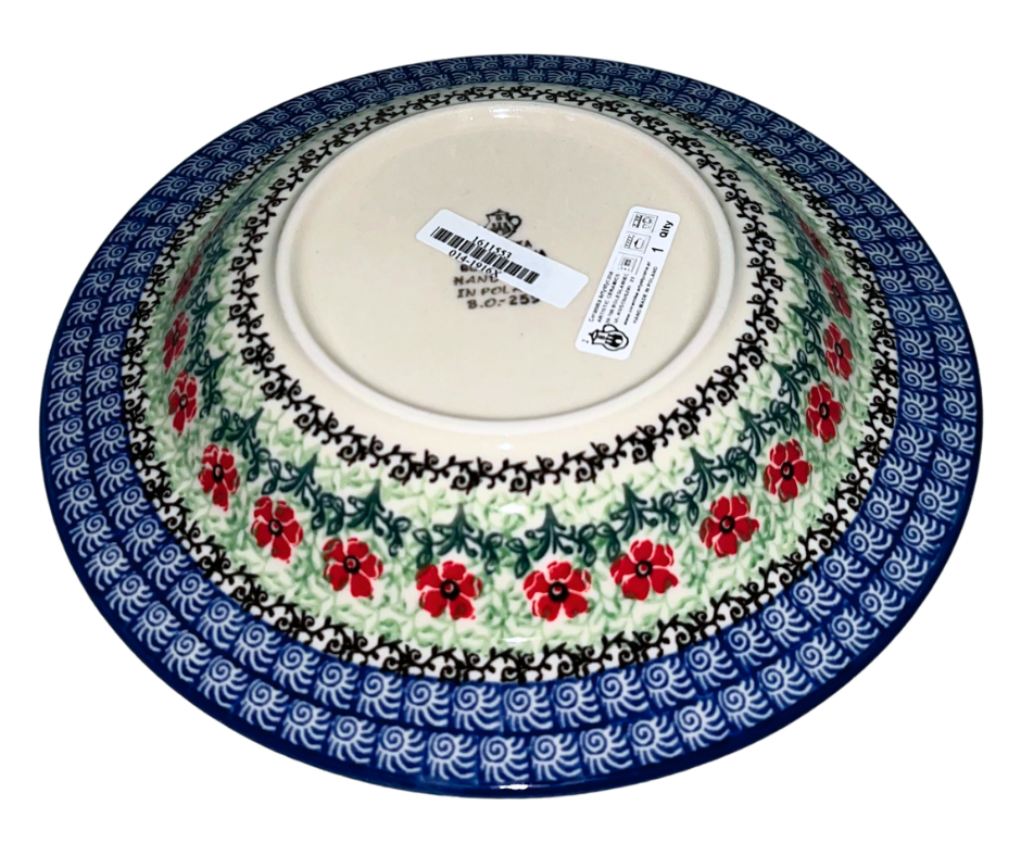 Ceramika Artystyczna Maraschino pattern 1916 Polish pottery. Hand-painted stoneware featuring red flowers and cobalt scrollwork. Dishwasher, microwave, oven, and freezer safe.