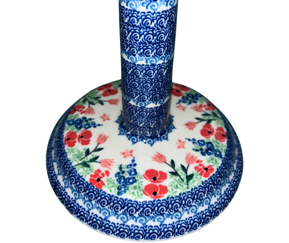 Ceramika Artystyczna Pattern 3220X Whimsical Garden features hand-painted red poppies and blue florals with cobalt scrollwork. Authentic Polish pottery from Bolesławiec.
