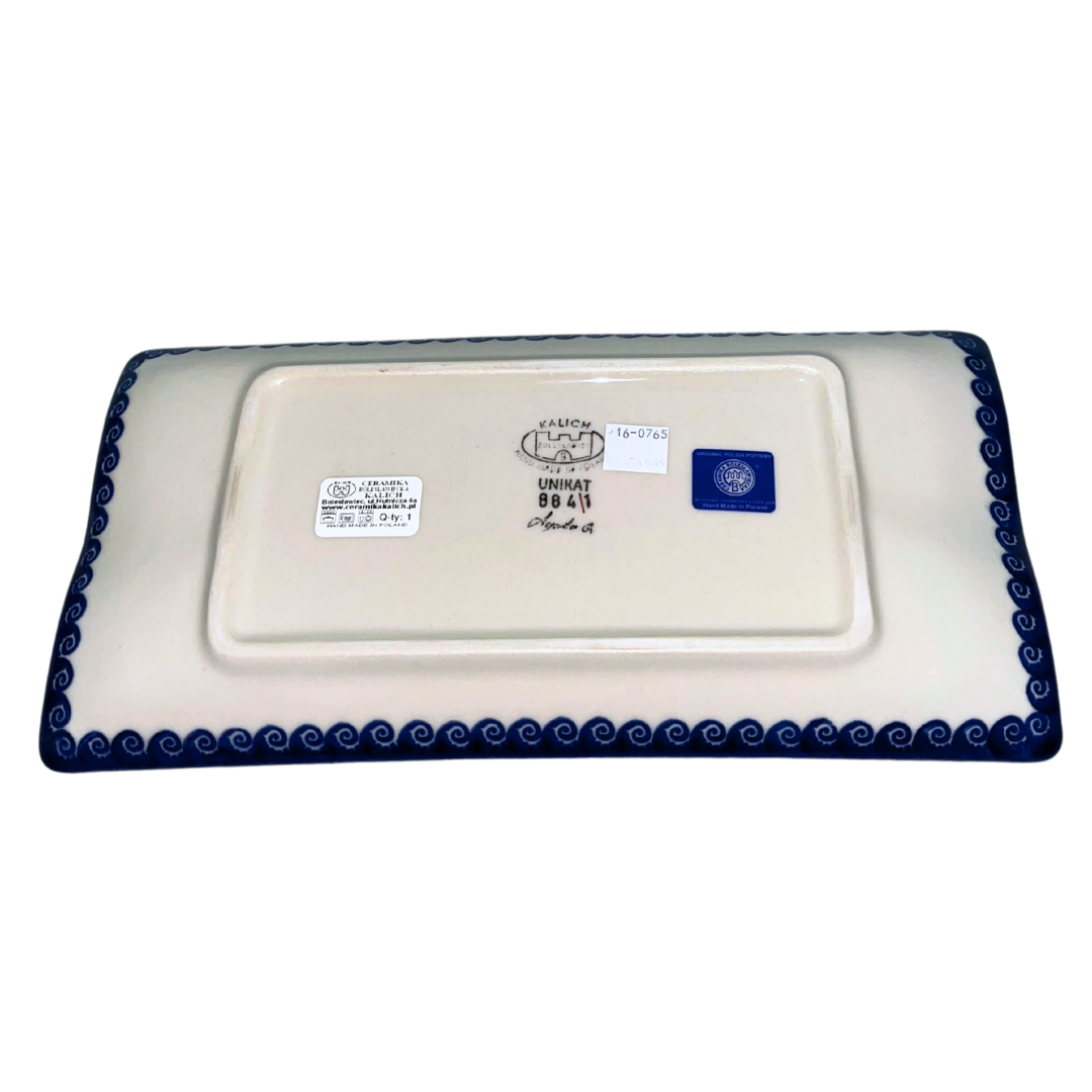 Handmade Ceramika Kalich Polish pottery in Pattern 884 Sealife with Red Crabs. Colorful coastal design featuring seahorses, starfish, and crabs. Microwave and dishwasher safe stoneware.