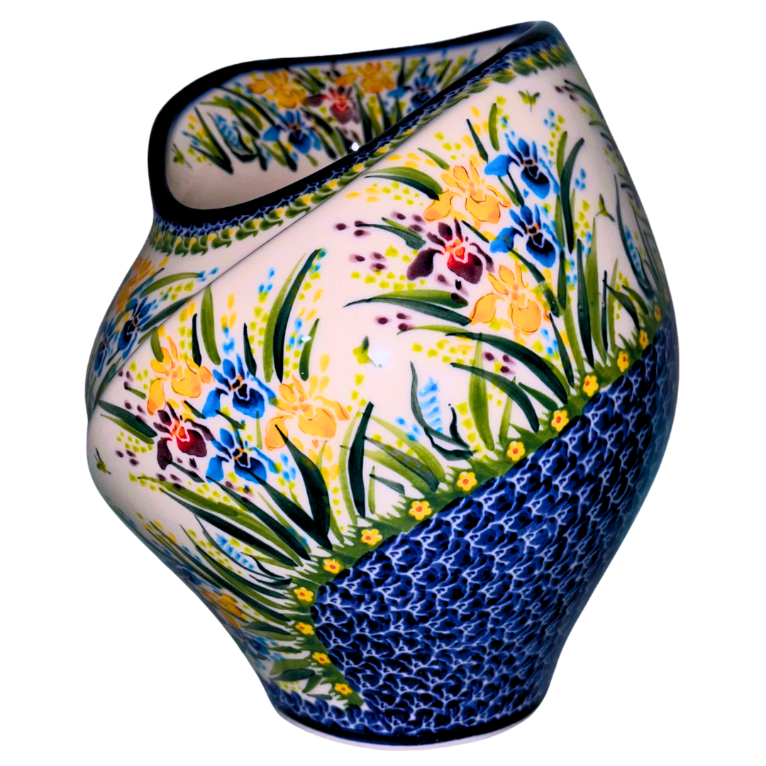 Handmade Kalich Polish Pottery tulip vase in Pattern 895 Iris. Hand-painted floral design with rich blue accents. Made in Bolesławiec, Poland.