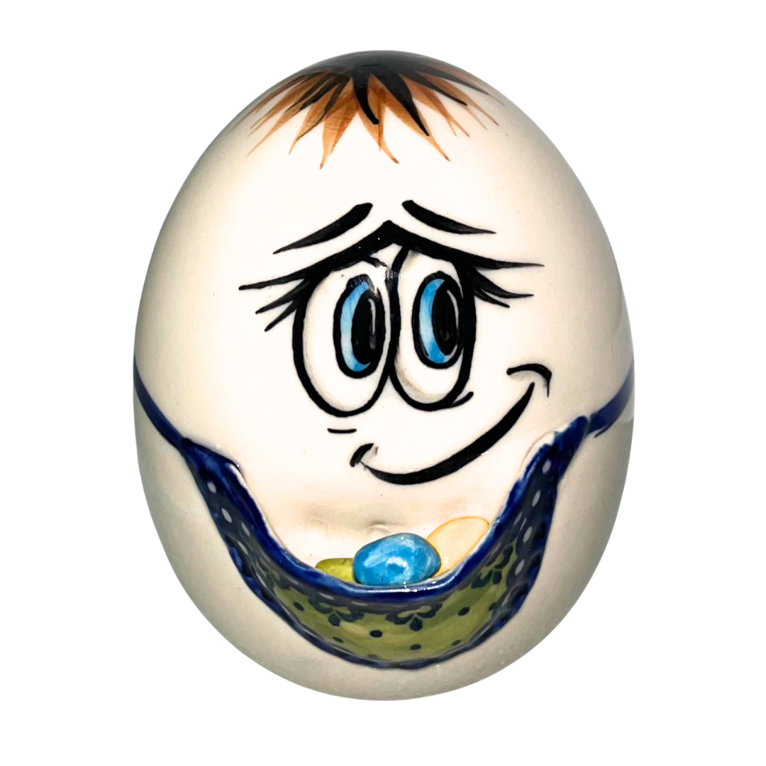 Handcrafted Kaola Studio 5" ceramic egg with apron and eggs, hand-painted, limited edition, signed A. Pachom 2025. Whimsical collectible décor.