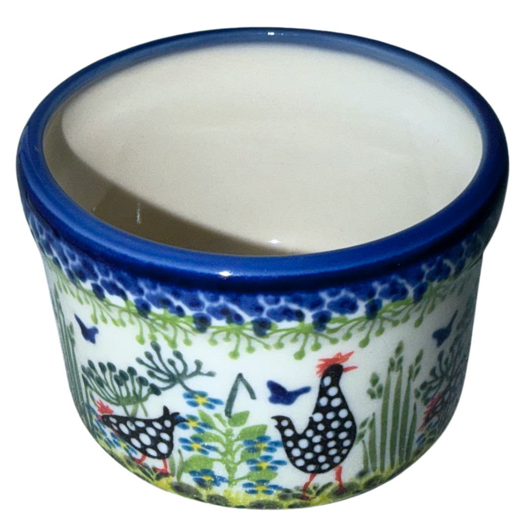 Ceramika Kalich Pattern 950 Polka Chicken Polish pottery with hand-painted hens and floral garden design.