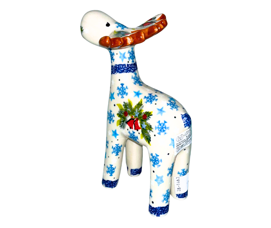 Handmade Polish Pottery 7 inch Moose by Ceramika Kalich in the Cardinal & Bells pattern. Holiday figurine with cardinals, bells, evergreen, and snowflakes. Unique Christmas décor.