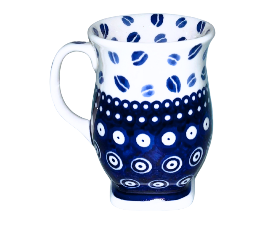 Limited Edition 2025 Polish pottery tulip mug by Kaola Studio, signed by artist P. Pachum. Hand-painted & stamped cobalt design, handmade in Bolesławiec, Poland.