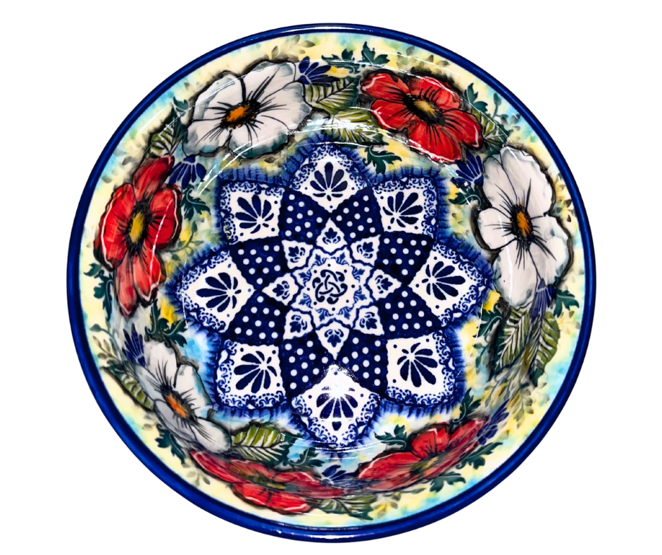 Limited Edition 2025 Kaola Polish Pottery bowl, signed by Aga K. Features a stamped blue mandala center and hand-painted red & white florals. Handmade in Poland.