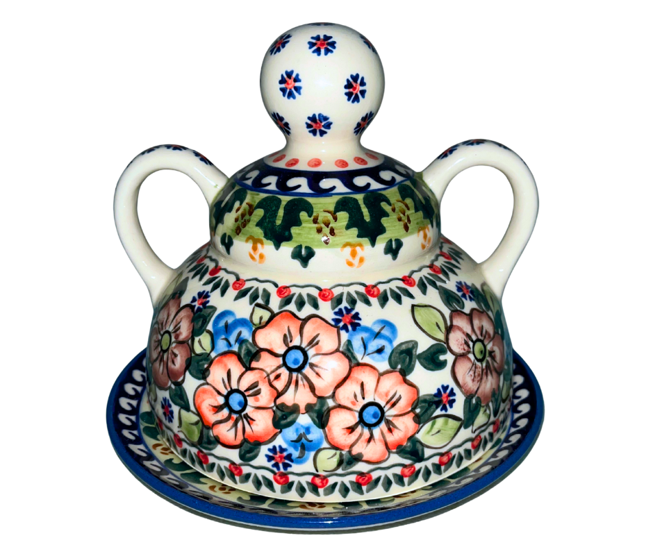 Authentic WIZA Polish Pottery Pattern U13 with delicate pink and blue florals. Handmade in Poland from durable stoneware. Oven, microwave, and dishwasher safe.
