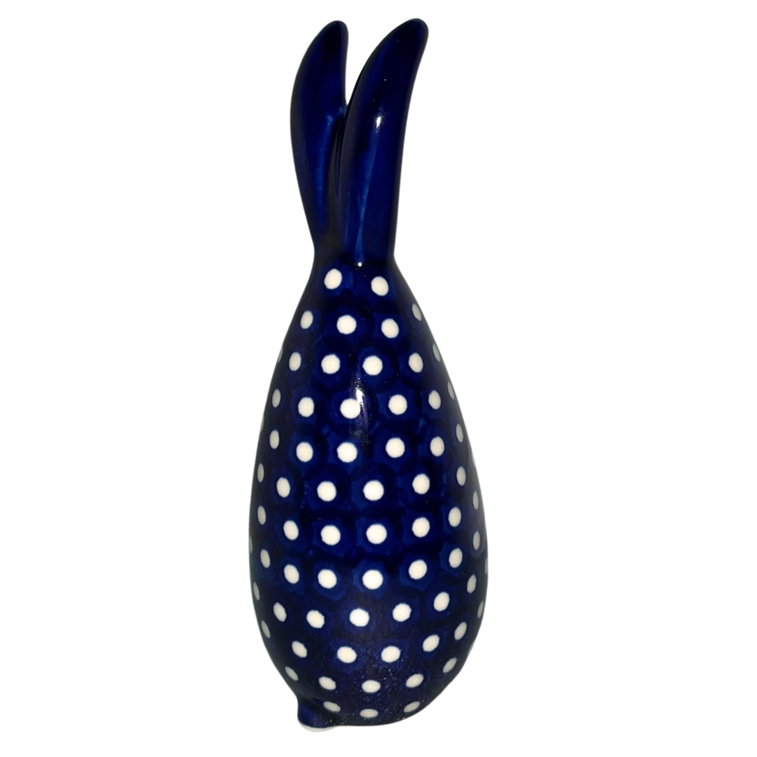 5.75" Polish pottery bunny by Kaola, hand-painted in cobalt with white dots. Glossy, durable, collectible ceramic figurine.