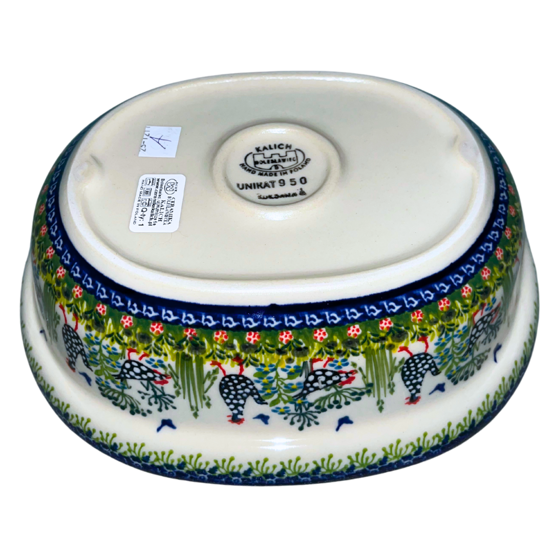 Ceramika Kalich Pattern 950 Polka Chicken Polish pottery with hand-painted hens and floral garden design. Authentic
