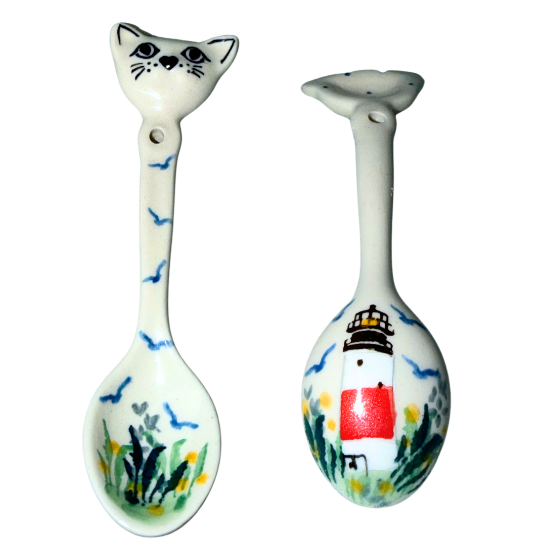 Ceramika Artystyczna U5220 Polish Pottery cat cup, lighthouse saucer and fish-tail spoon, hand-painted in Bolesławiec, Poland.