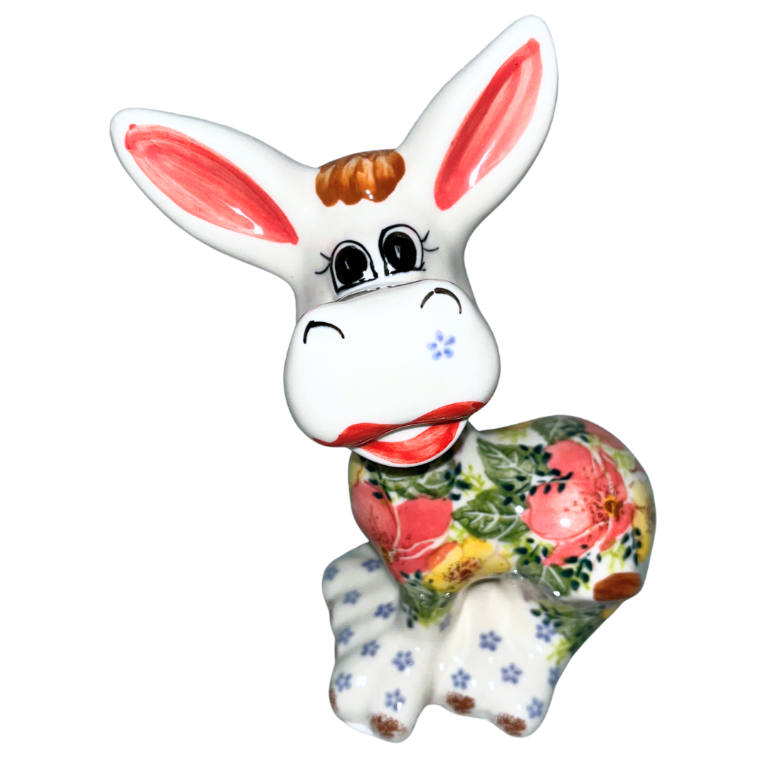 8" Ceramika Kalich donkey figurine, hand-painted Polish pottery with coral & yellow floral design. Glossy ceramic decorative collectible with whimsical folk art charm.