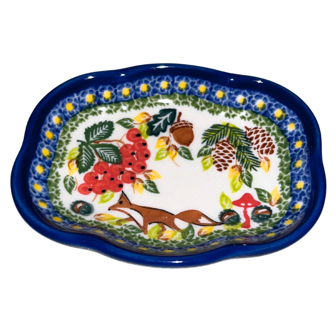 KALICH Polish Pottery 5 inch Soap Dish - Pattern 1117 Fox & Pinecones