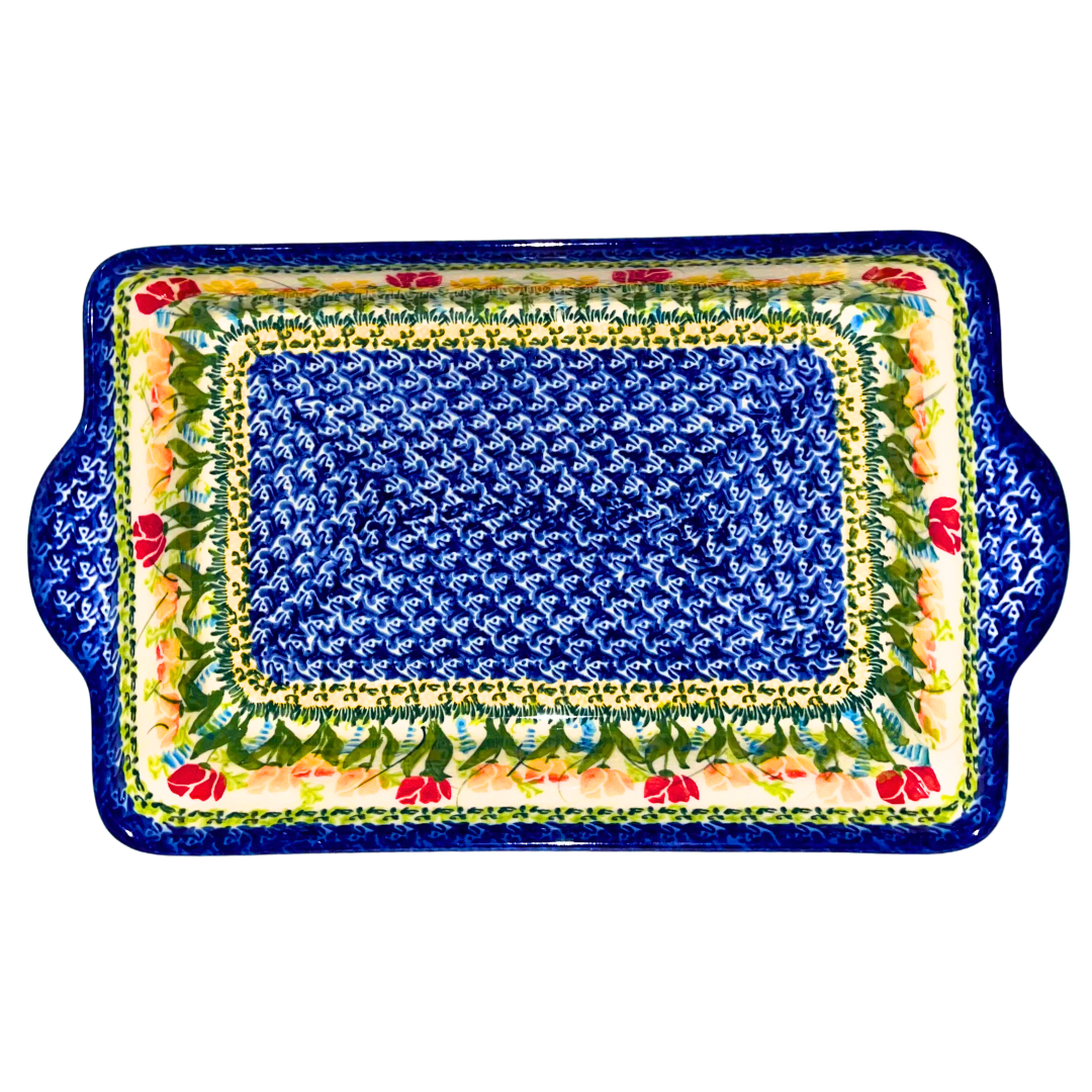 Kalich Polish Pottery Pattern 591 Tulips, hand-painted red and yellow floral design with cobalt accents, Bolesławiec stoneware, durable, dishwasher and microwave safe, vibrant spring pattern.