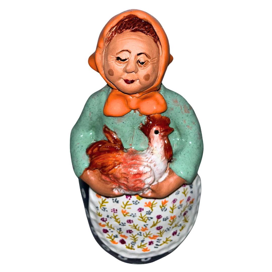 Hand-painted folk art babcia grannie figurine holding a rooster