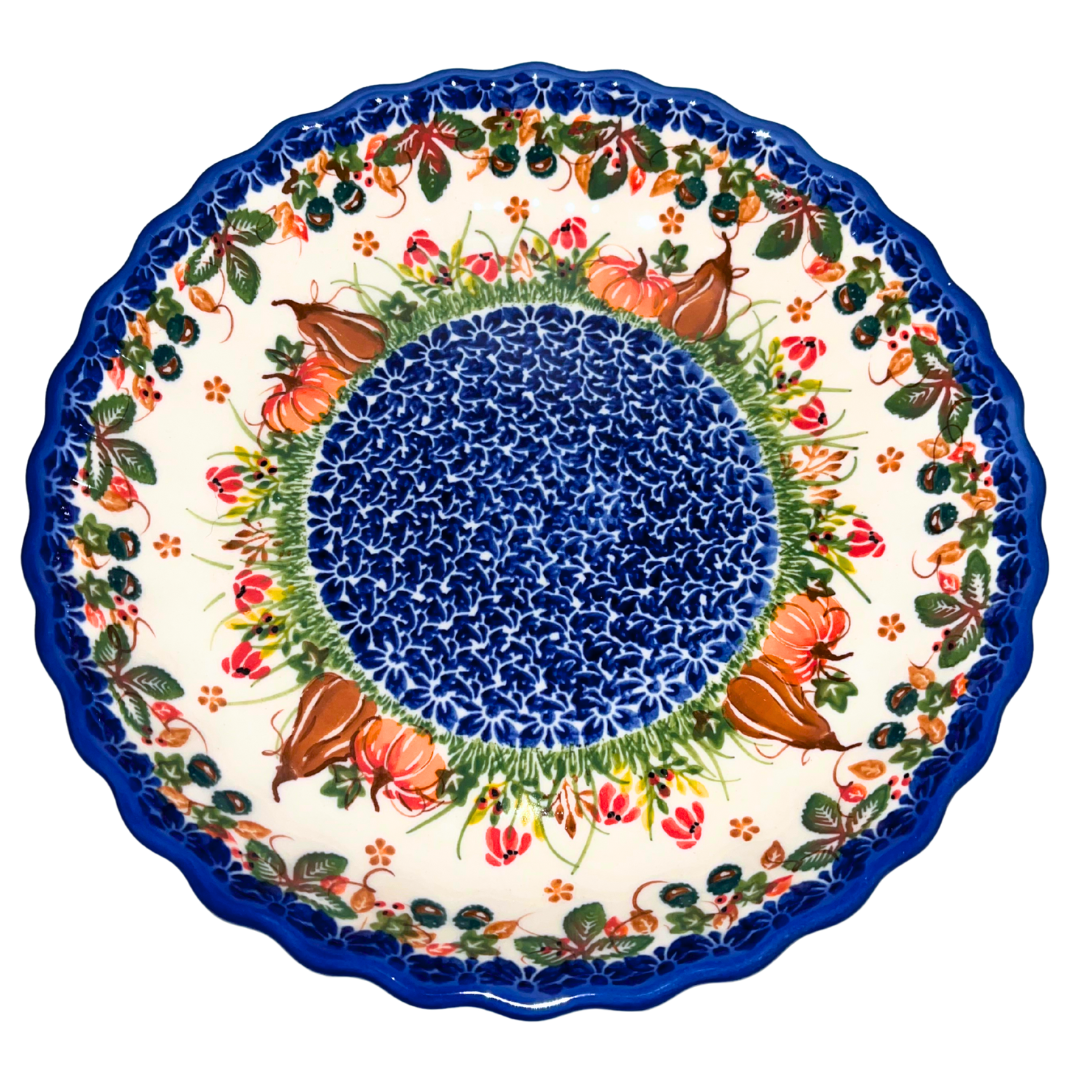 Kalich Polish Pottery 9-inch pie baker with hand-painted pumpkins, gourds & berries. Durable stoneware, perfect for fall baking, pies & seasonal entertaining.