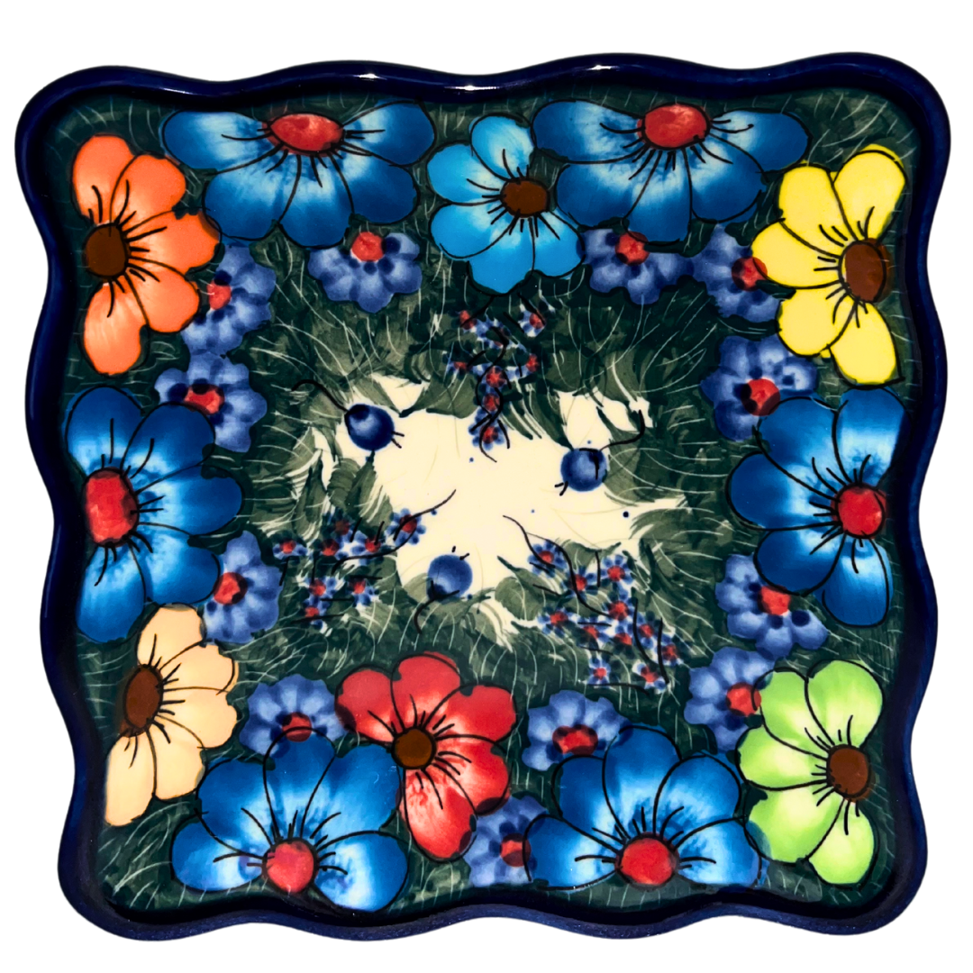 KALICH Polish Pottery Square Ruffled Edge Plate Wildflowers 127