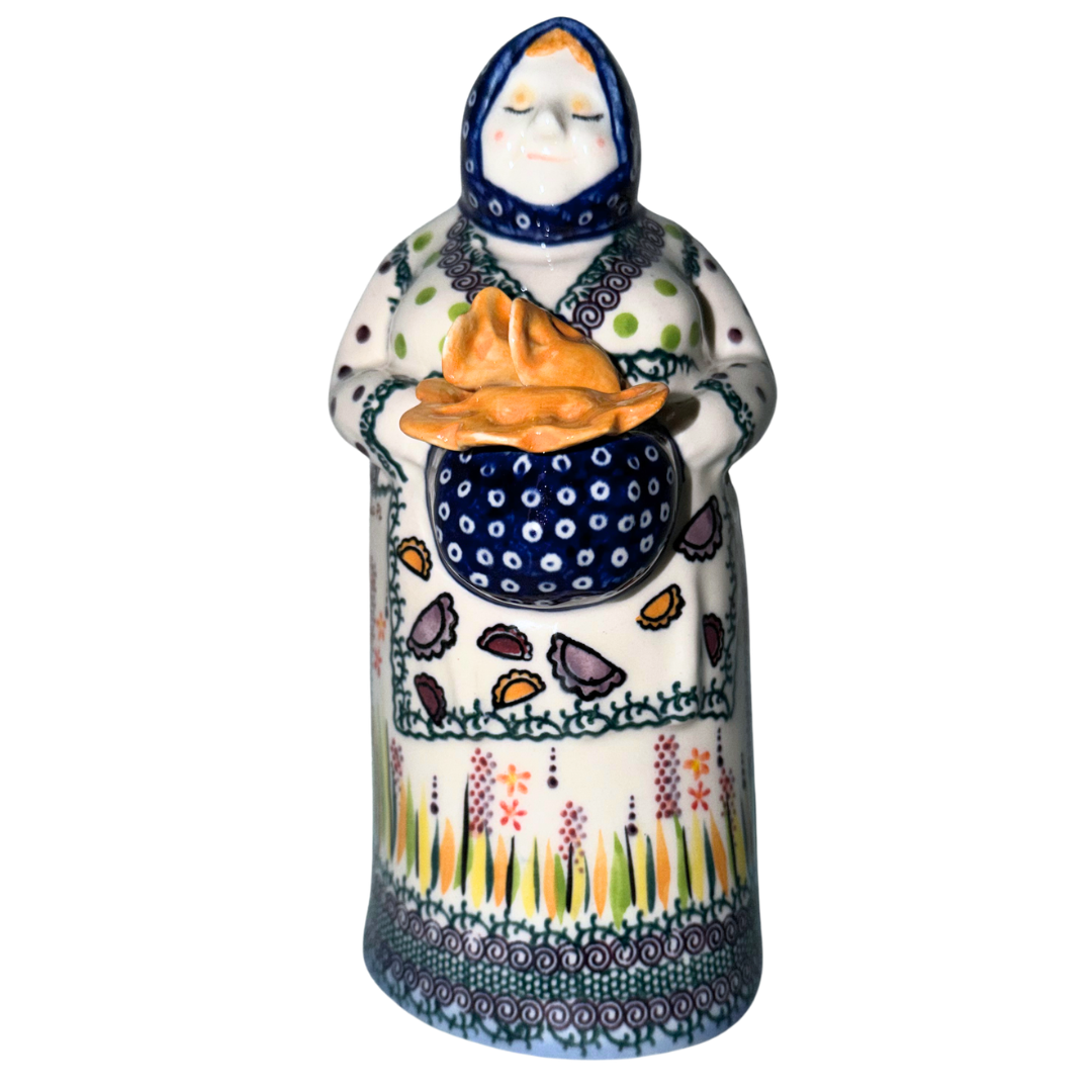 Galia Polish Pottery Grannie Babcia with Bowl of Pierogi 9" Hand painted Figurine