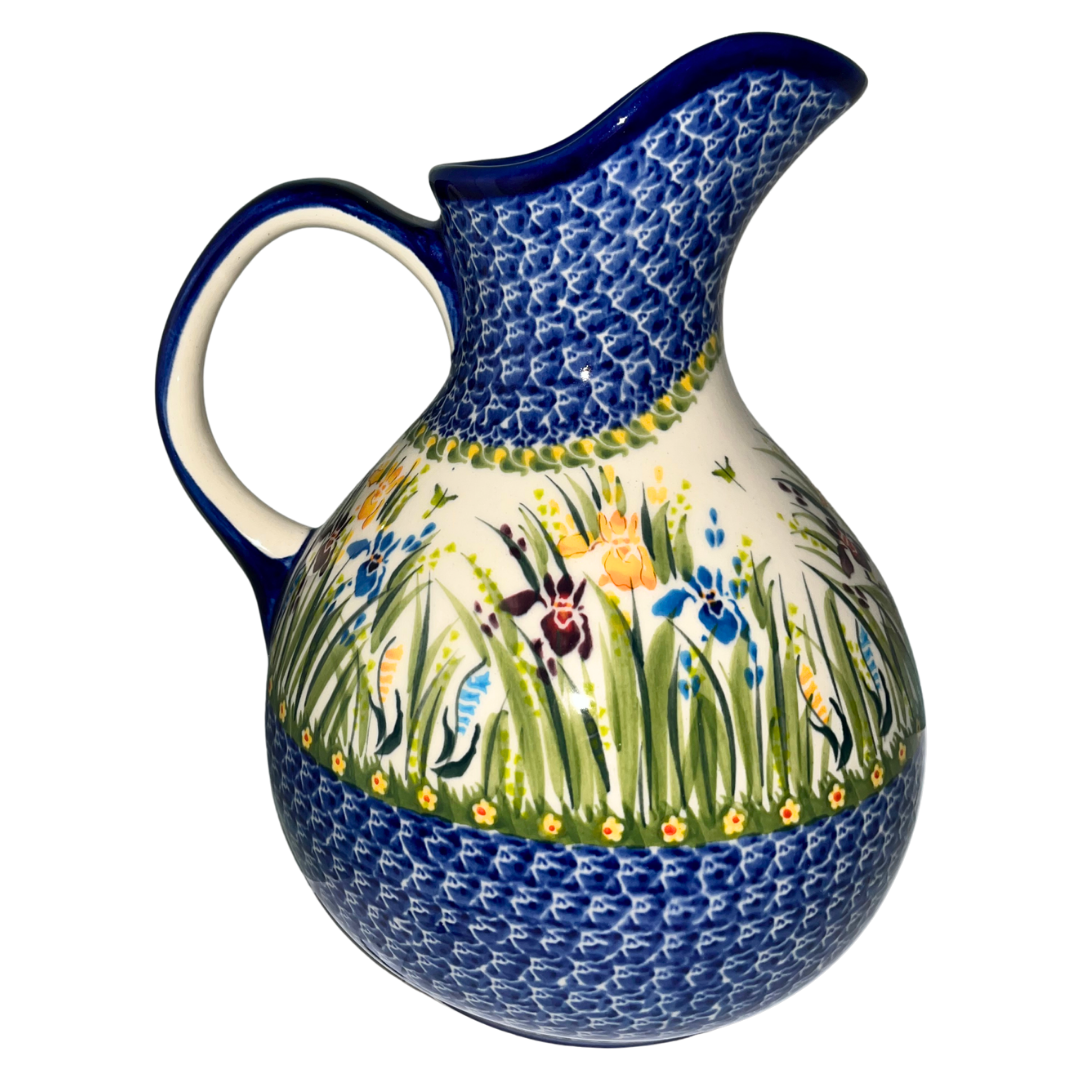 Ceramika Kalich Pattern 895 Iris Polish pottery with hand-painted blue, yellow, and burgundy flowers. Durable, dishwasher safe stoneware from Bolesławiec.