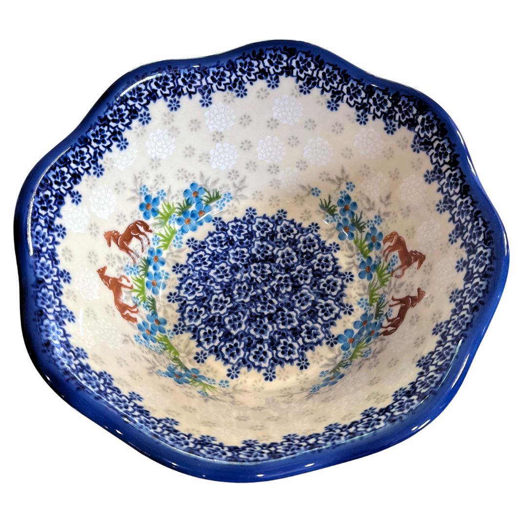 KALICH Polish Pottery 9 inch Wavy Edge Viki Bowl 1311 Blue Meadow Horses