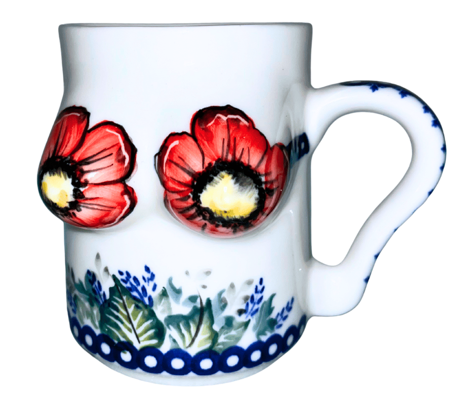 Handmade 18 oz Polish pottery boudoir mug by Kaola Studio, signed by artist Aga K in 2025. Hand-painted red florals with whimsical sculptural detail.