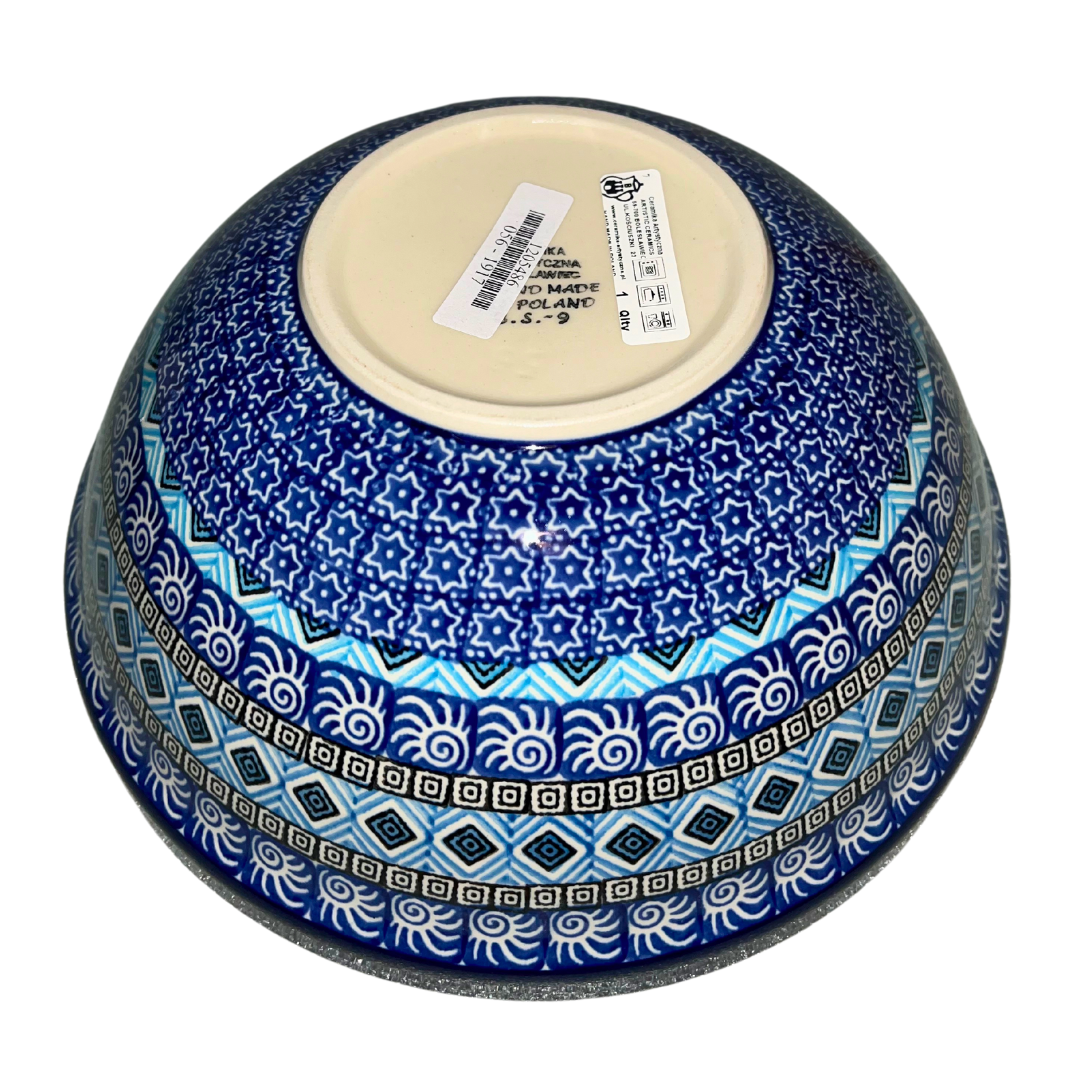 Ceramika Artystyczna 1917X Aztec Sky features geometric blue, white, and black bands with diamond and spiral motifs; hand-painted modern Polish pottery design with bold symmetry.