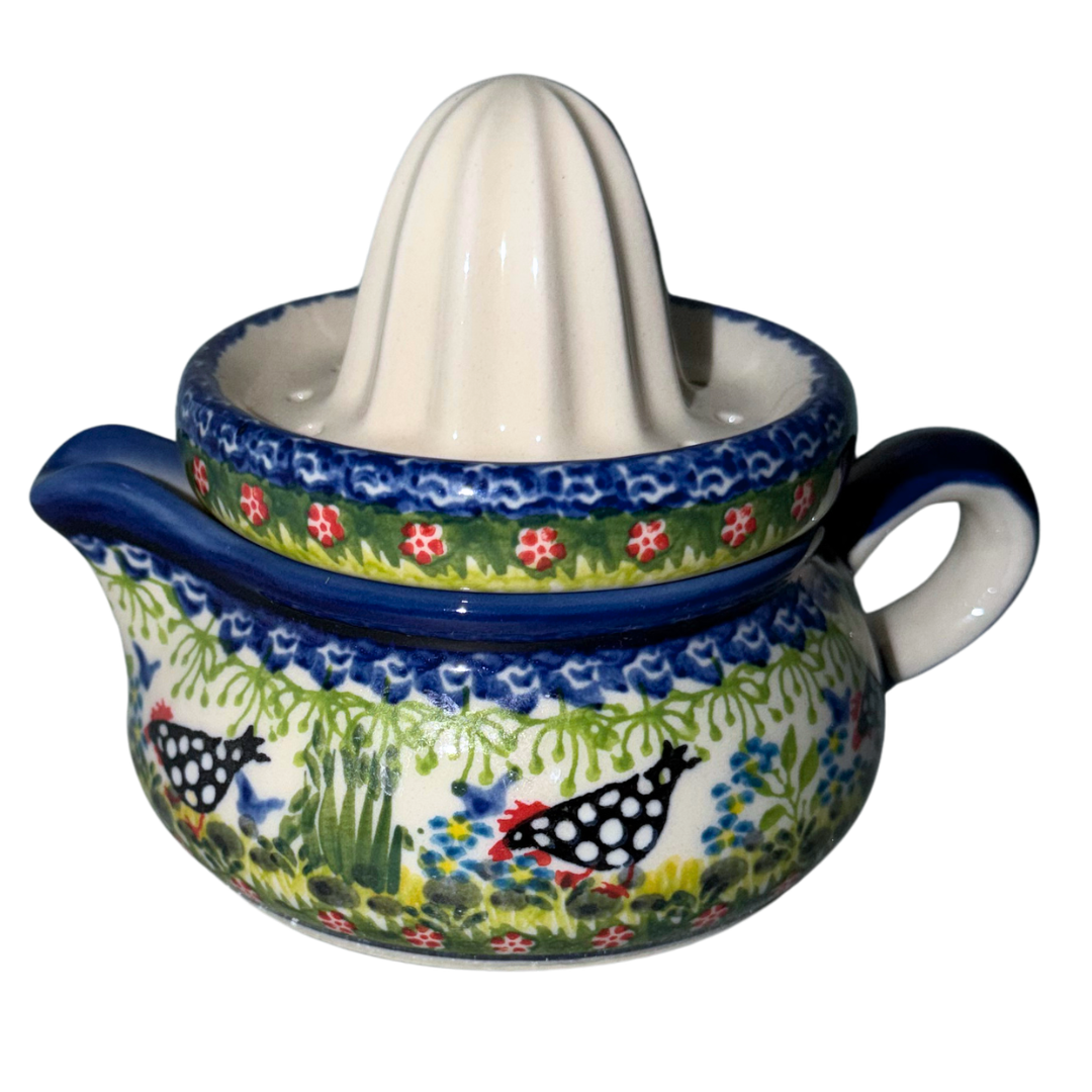 Ceramika Kalich Pattern 950 Polka Chicken Polish pottery with hand-painted hens and floral garden design. Authentic
