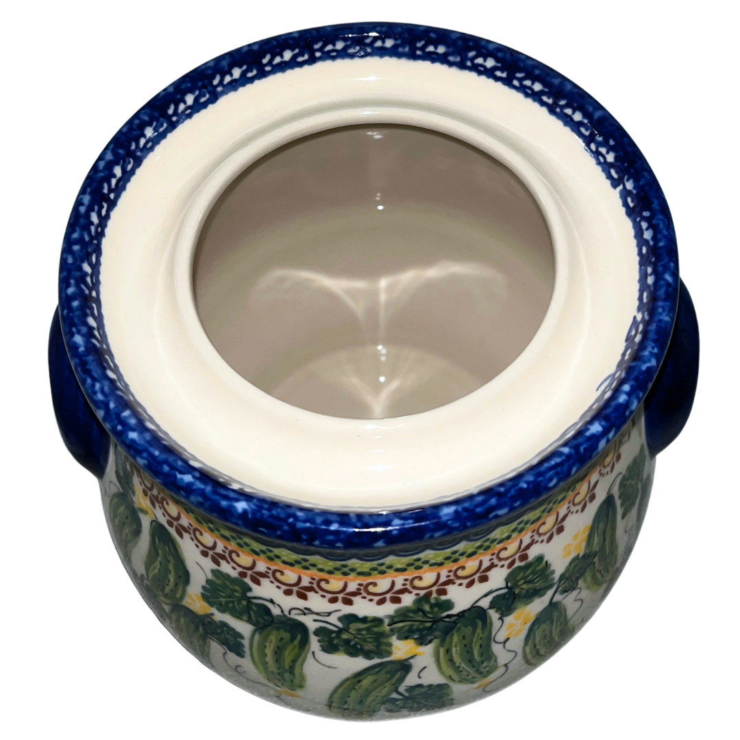 Kalich Polish Pottery 101 oz Pickle Jar – hand-painted cucumbers. Food-safe stoneware from Bolesławiec, perfect for pickling, storage, and home décor. Dishwasher safe.