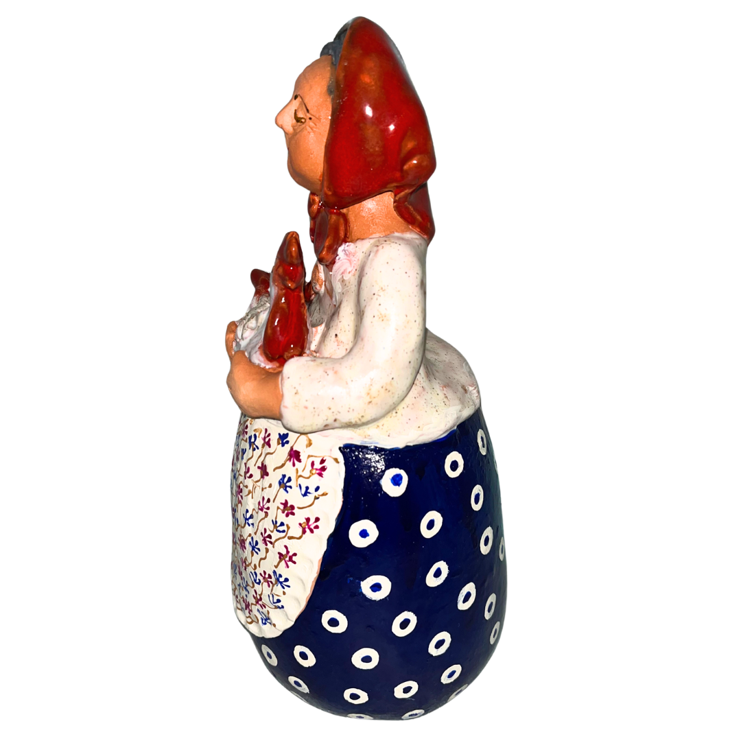 Hand-painted folk art babcia grannie figurine holding a rooster