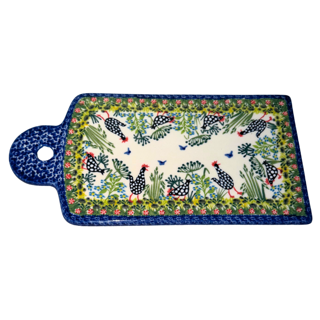 Ceramika Kalich Pattern 950 Polka Chicken Polish pottery with hand-painted hens and floral garden design.