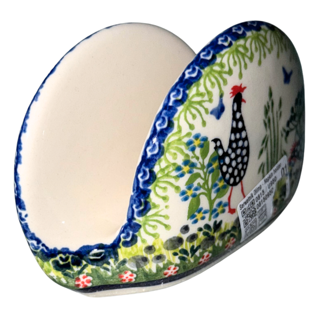 Ceramika Kalich Pattern 950 Polka Chicken Polish pottery with hand-painted hens and floral garden design.