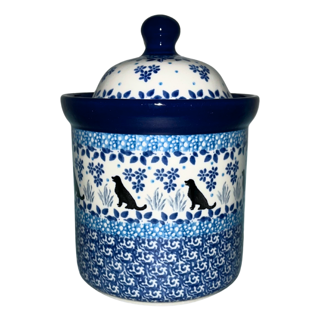 Ceramika Artystyczna 2856x - Buddy. 20 oz Canister with Lid. Black Dog Figure on traditional blue & white.