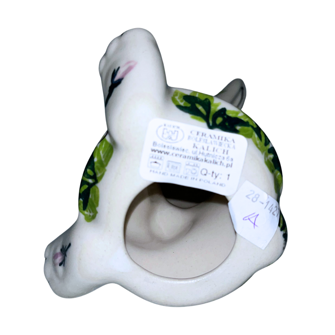 Hand-painted ceramic ballerina rabbit with red and white floral design. A charming decorative figurine perfect for spring décor, gifts, or whimsical home accents.