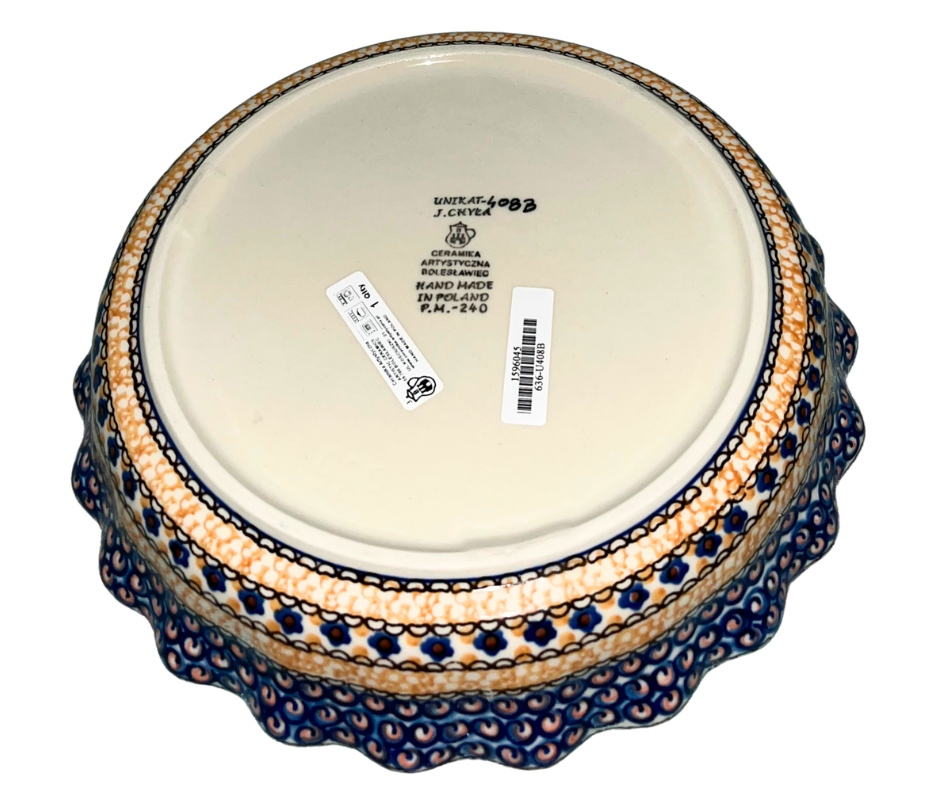 Hand-painted Ceramika Artystyczna Unikat 10" fluted pie baker in U408B Marigold Dreams by Jacek Chyła. Authentic Polish pottery from Bolesławiec, oven and dishwasher safe.