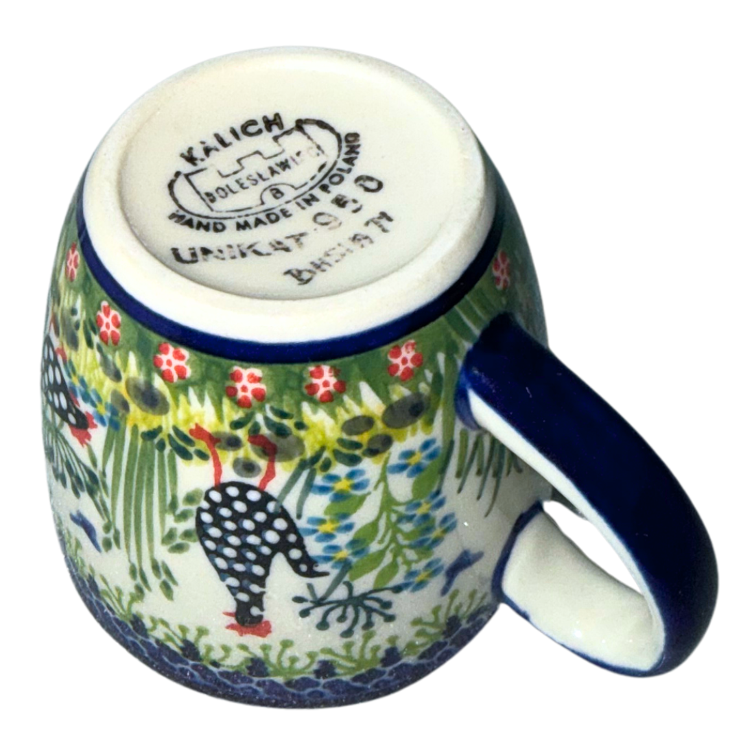 Ceramika Kalich Pattern 950 Polka Chicken Polish pottery with hand-painted hens and floral garden design.
