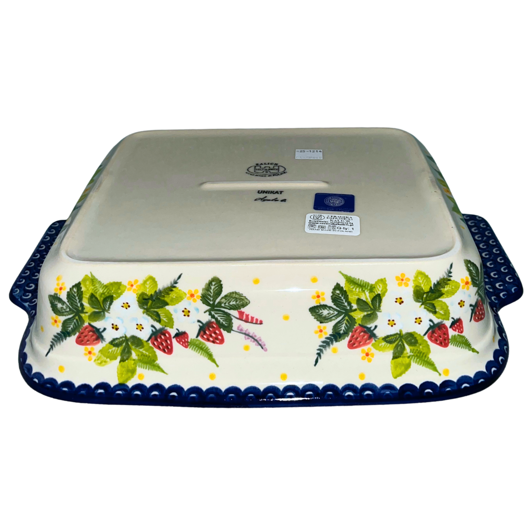 Ceramika Kalich Pattern 1085 Summer Strawberries Polish pottery with hand-painted strawberries, blossoms, and butterfly. Authentic Bolesławiec stoneware, dishwasher, microwave, and oven safe.