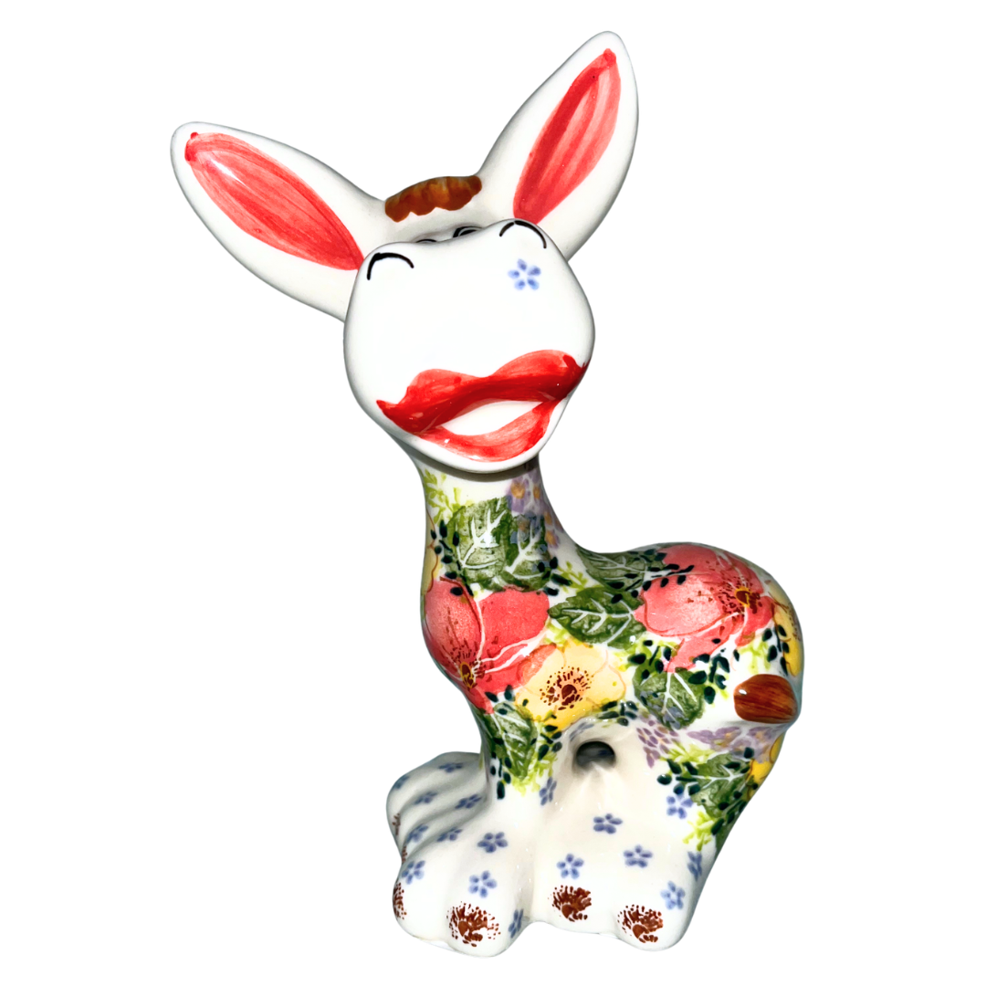 8" Ceramika Kalich donkey figurine, hand-painted Polish pottery with coral & yellow floral design. Glossy ceramic decorative collectible with whimsical folk art charm.