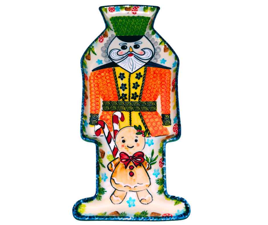 Polish Pottery Nutcracker Platter with Gingerbread and Candy Canes. Hand-painted stoneware from Bolesławiec, Poland. Christmas serving tray & festive holiday décor.