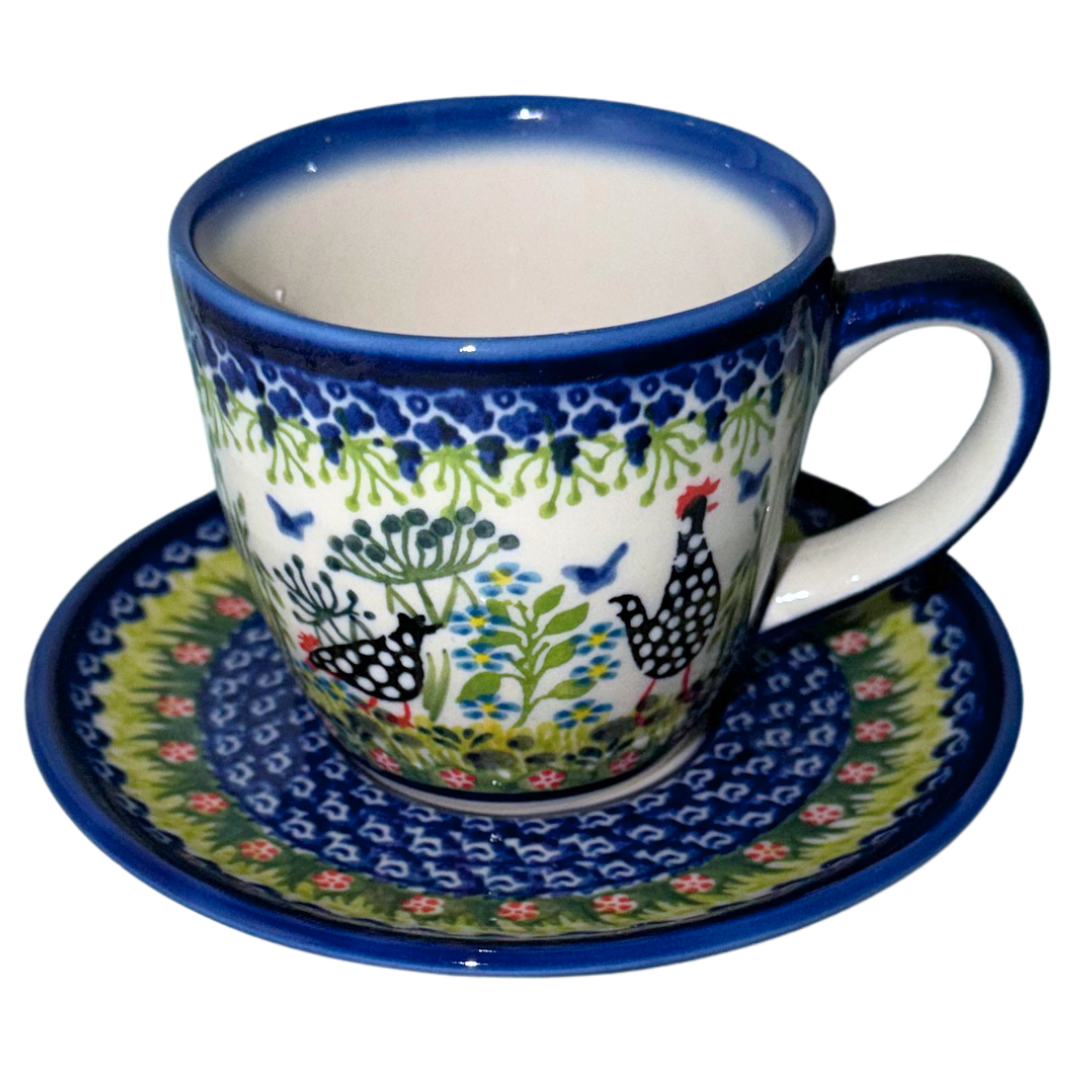 Ceramika Kalich Pattern 950 Polka Chicken Polish pottery with hand-painted hens and floral garden design.
