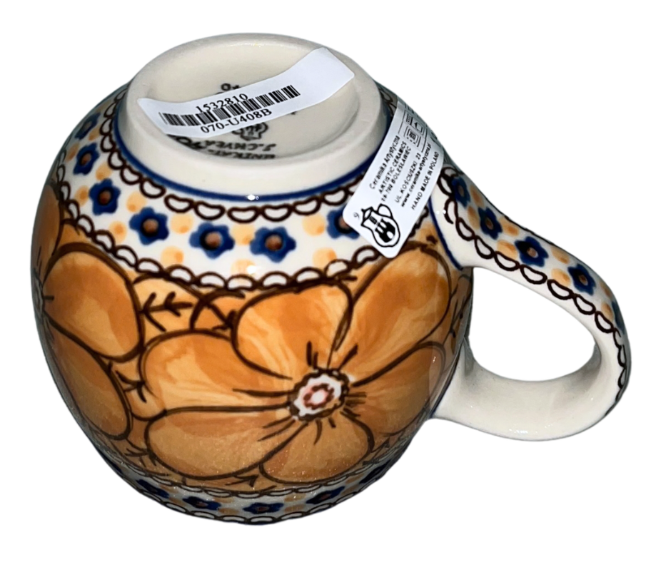 Hand-painted Ceramika Artystyczna Unikat 11 oz Bubble Mug in U408B Marigold Dreams by Jacek Chyła. Authentic Polish pottery from Bolesławiec, oven and dishwasher safe.