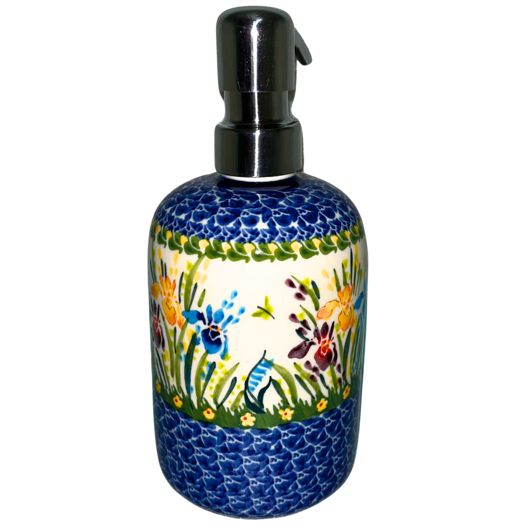 Ceramika Kalich Pattern 895 Iris Polish pottery with hand-painted blue, yellow, and burgundy flowers. Durable, dishwasher safe stoneware from Bolesławiec.