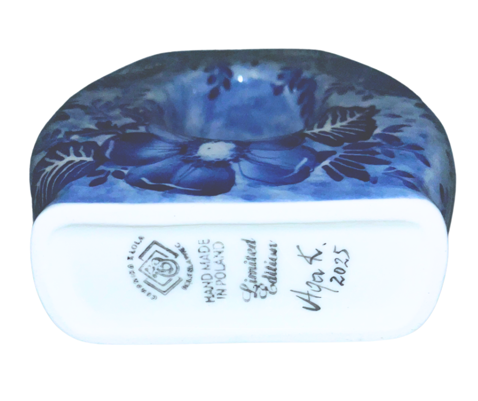 Limited Edition 2025 Polish pottery vase by Kaola Studio, signed by artist Aga K. Hand-painted floral design in rich blues. A collectible sculptural ceramic.