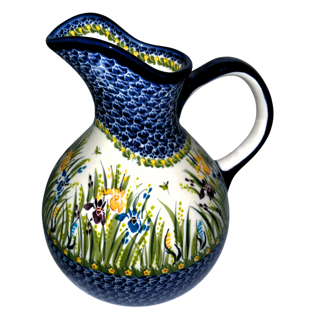 Ceramika Kalich Pattern 895 Iris Polish pottery with hand-painted blue, yellow, and burgundy flowers. Durable, dishwasher safe stoneware from Bolesławiec.