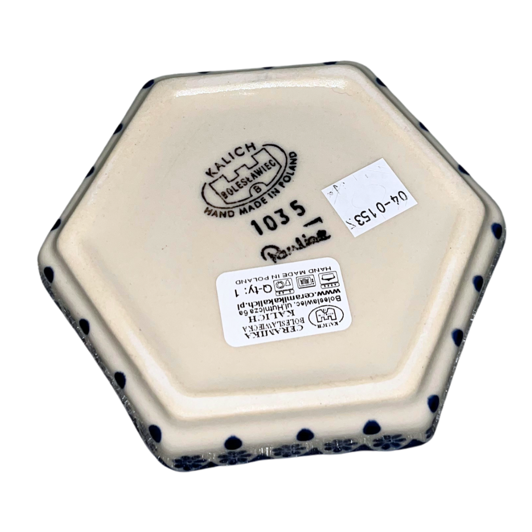 Ceramika Kalich Pattern 1035 Queen Anne’s Lace Polish pottery with classic cobalt dots and floral border. Authentic Bolesławiec stoneware, durable, dishwasher, microwave, and oven safe.