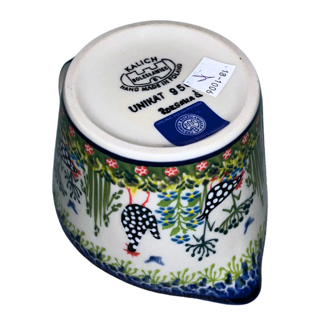 Ceramika Kalich Pattern 950 Polka Chicken Polish pottery with hand-painted hens and floral garden design. Authentic Bolesławiec stoneware, durable, dishwasher, microwave, and oven safe.