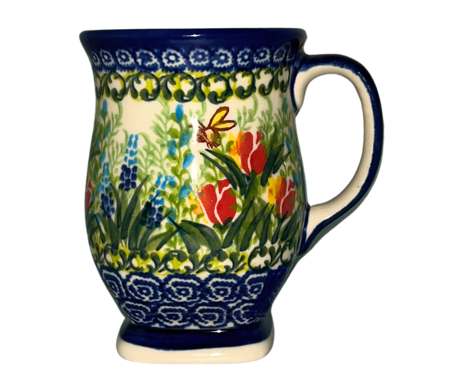 Kalich Polish Pottery Pattern 700 Tulips & Bees, hand-painted floral and bee design with cobalt accents, Bolesławiec stoneware, durable, dishwasher and microwave safe, spring garden theme.